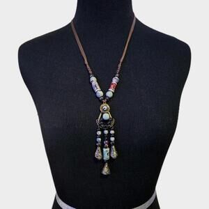 Artisan Ceramic Bead Tassel Necklace Raku Style Long Leather Cord Boho EUC